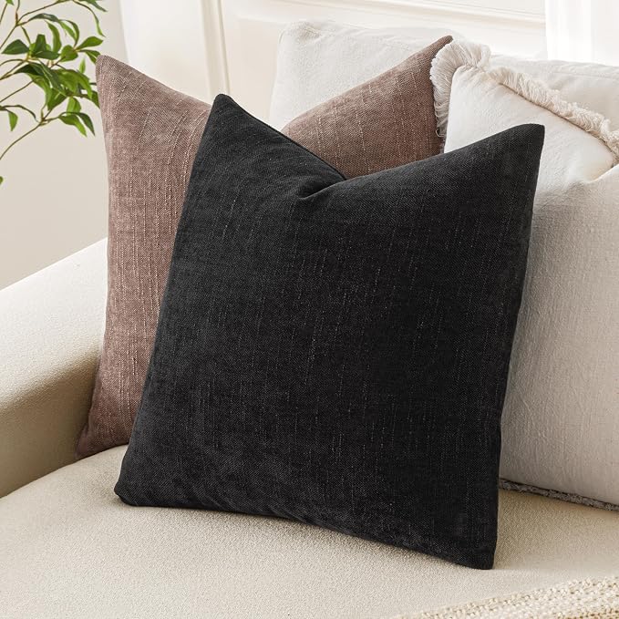 MIULEE Textured Chenille Throw Pillow Covers 18x18 Inch Black | Pack of 2 Decorative Soft Throw Pillows, Solid Textured Cushion Covers, Modern Home Decor for Couch Sofa Bedroom Living Room