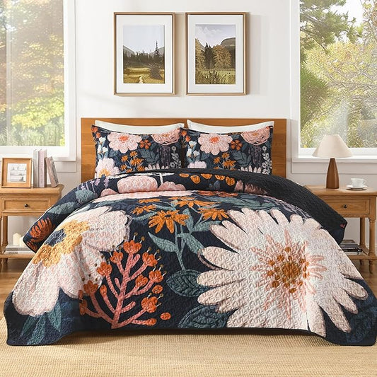 Quilt King Size, Navy Floral Boho Summer Bedspread 3 Pieces | Blush Flower Botanical Summer Bedspreads with 2 Shams, Reversible Polyester Coverlet Set for All Seasons, 106"x96"