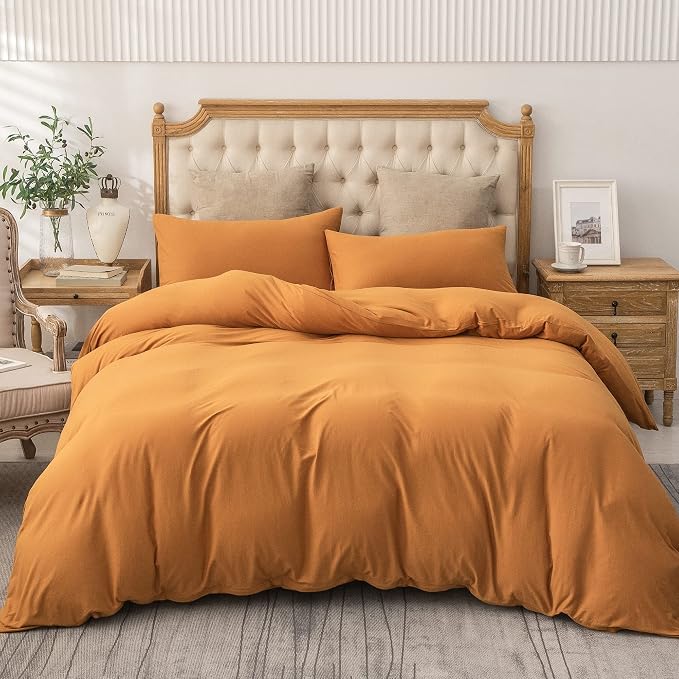 PURE ERA Jersey Knit Sheet Set Solid Burnt Orange California King | 100% Cotton, 3 Piece Set, T Shirt Soft, Breathable, Envelope Closure Pillowcases, Hidden Zipper, 8 Ties, No Insert, Modern