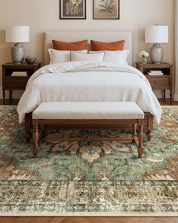 RELEANY Washable Area Rug, Large 10'x14', Brick/Brown/Green | Non-Slip, Water Repellent, Pet Friendly, Easy to Clean, Vintage Floral Boho Decor for Living Room Bedroom Dining Room