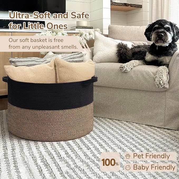 INDRESSME XXXLarge Woven Rope Blanket Basket Living Room Mix Black, 90L | 21.7" x 13.8" Storage baskets for toys laundry & pillows. Fits living room, bedroom or nursery décor. Soft-touch with handles