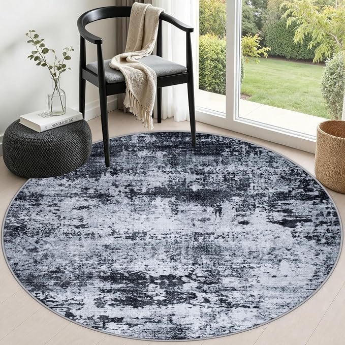 Round Area Rug Living Room: 4 ft Modern Washable Carpet Black | For Bedroom Dining Room Farmhouse Nursery Hallway Office,Modern Abstract,Machine washable,Non-Slip,Stain Resistant,Indoor