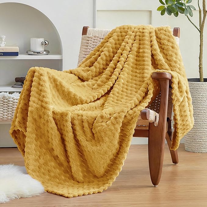 EXQ Home Gentle Soft Fleece Throw Blanket – Cozy Lightweight 3D Imitation Turtle Shell Jacquard Blanket for Couch Bed – All-Season Warm Fuzzy Flannel Blanket for Women Mom Gift(50"x60",Mustard Yellow)