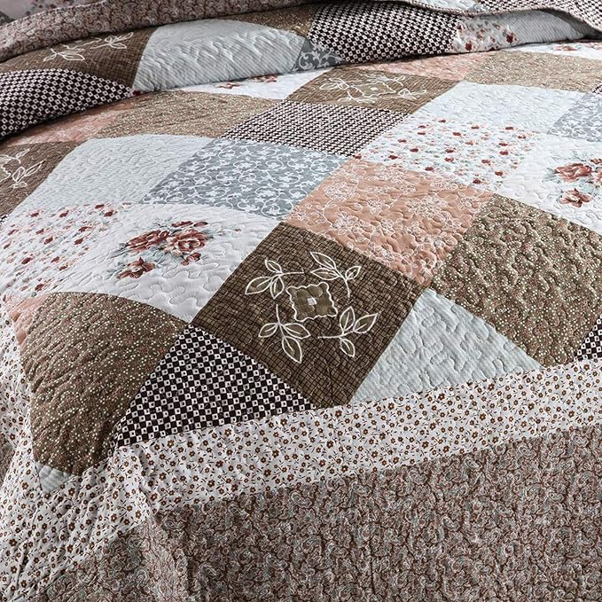 Quilt Bedspread Sets-Checkered Floral Reversible Coverlet Set,King Size