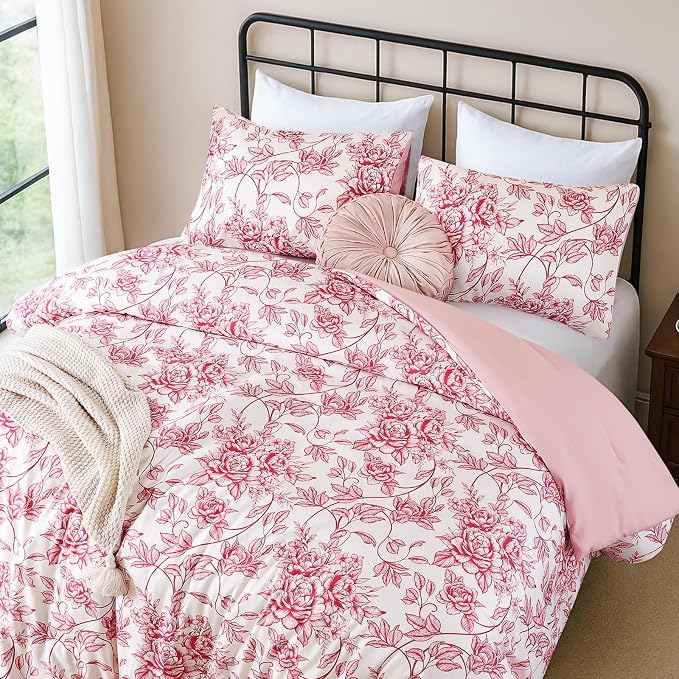 JANZAA Queen Size Comforter Set - Pink Peony Floral Shabby Chic Bedding | 3 Piece Cute Floral Bedding for All Season, 1 Soft Fluffy Breathable Microfiber Comforter Set with 2 Pillowcases