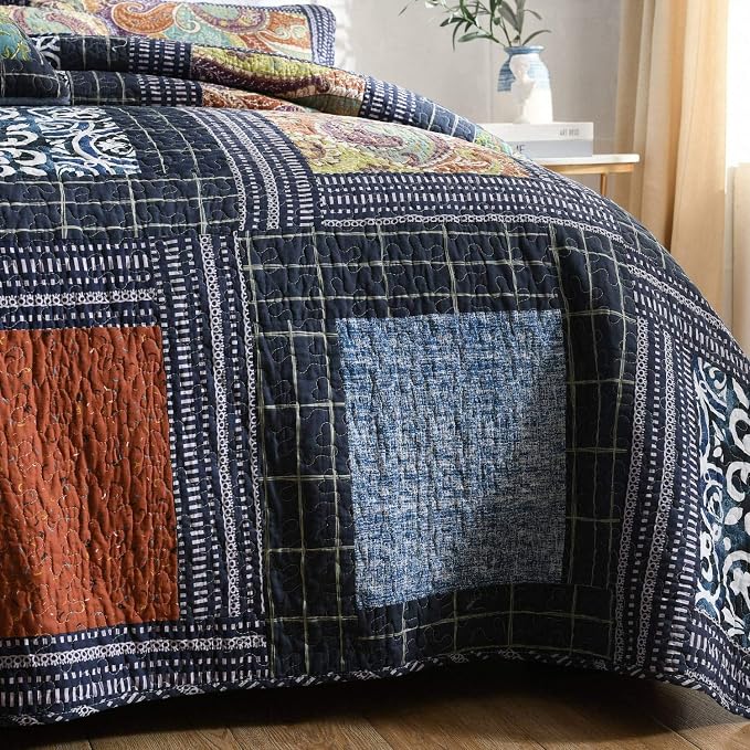 Bedspread Quilt Set with Real Stitched Embroidery, Paisley Grid Pattern,Queen Size