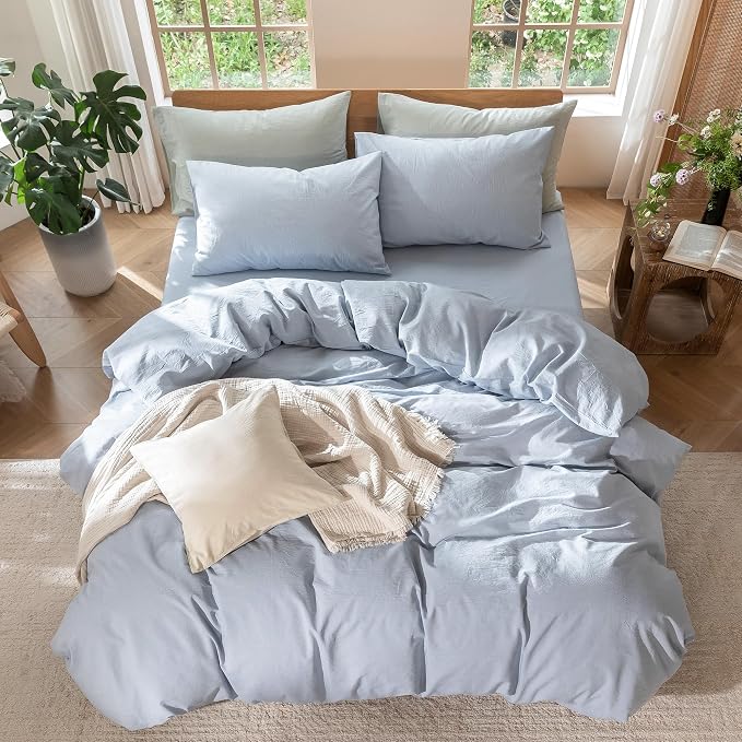 MooMee Duvet Cover Set 100% Washed Cotton Linen Like Super King | Relaxed Linen-like Texture. Soft, Breathable & Long-lasting Comfort. Lightweight. Hidden Zipper with 8 Interior Corner Ties