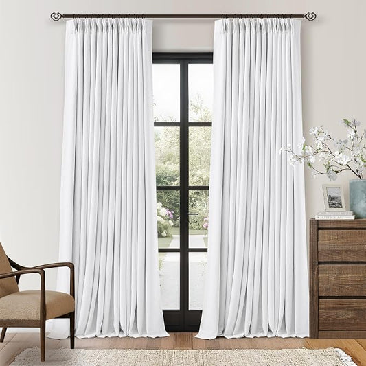 TWODRAPES Snow White Pleated Linen 100% Blackout Curtains 120 Inches Long | Pinch Pleat Back Tab, Linen Drapes with Liner, Black Out Thermal Insulated, Energy Saving Curtain for Living Room Bedroom
