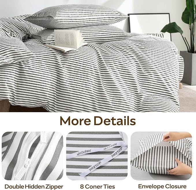 JELLYMONI 100% Cotton Classic Striped Queen Duvet Cover Set, Grey | Breathable Softness, Oeko-Tex Certified, Classic Stripes, 8 Corner Ties & Double Hidden Zipper