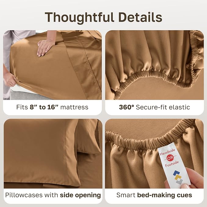 California Design Den Luxury 600 Thread Count Cotton Bed Sheets King, 4 Pcs | 100% Cotton Sateen Backed by Good Housekeeping Seal, Soft & Smooth, 16" Deep Pocket Set, All-Around Elastic - Honey Caramel