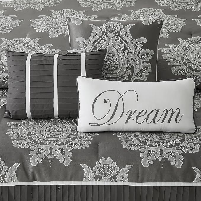 Grey California King Comforter Set 7 Pieces, Jacquard Woven with Damask, Bedding Set in a Bag Includes Comforter, Bed Skirt, Pillow Shams, and Decorative Pillows
