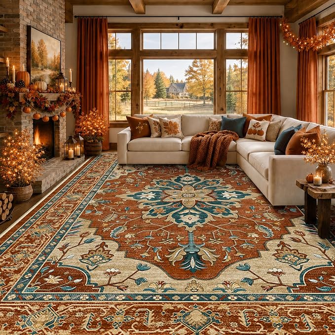 RELEANY Washable Area Rug, 8'x10', Red/Orange/Blue/Brown | Non-Slip, Water Repellent, Pet Friendly, Easy to Clean, Vintage Floral Boho Decor for Living Room Bedroom Dining Room