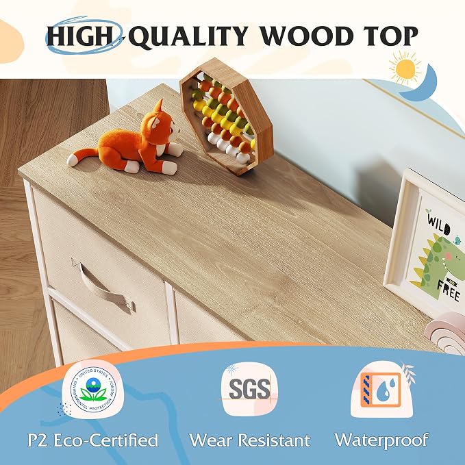 WLIVE Dresser for Bedroom, 7 Drawers, TV Stand, Cream White | 7 roomy fabric drawers, Fits TVs up to 45 inch, Bedroom or living room, Wide storage design, Chest of drawers