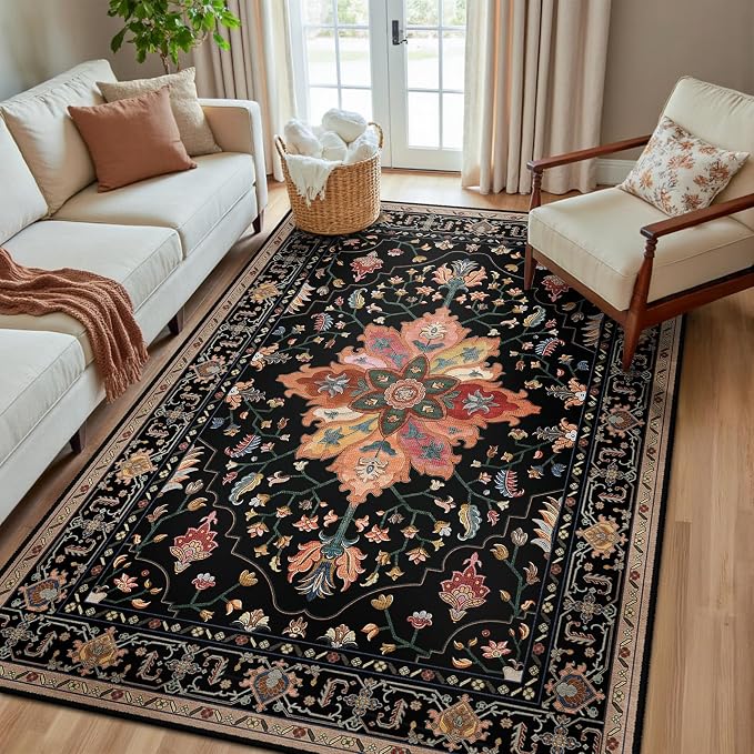 RELEANY Washable Area Rug, 5'x8', Black/Colorful | Non-Slip, Water Repellent, Pet Friendly, Easy to Clean, Vintage Floral Boho Decor for Living Room Bedroom Dining Room Office