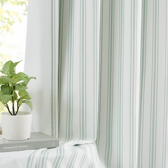 ZJDECOR 72 Inch Green White Striped Full Blackout Curtain Panels | Stripe on White Cotton Blended Fabric,Room Darkening Window Treatment for Bedroom Living Room,Back Tabs Rod Pocket