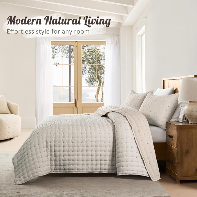 WDCOZY Beige Cloud Quilt Set King Size, Lightweight Soft Cross Stitch Bedspread, Textured Like Linen, Farmhouse Rustic Country Coverlet, Spring Summer Thin Comforter, 3 Pieces, 104x90 inches