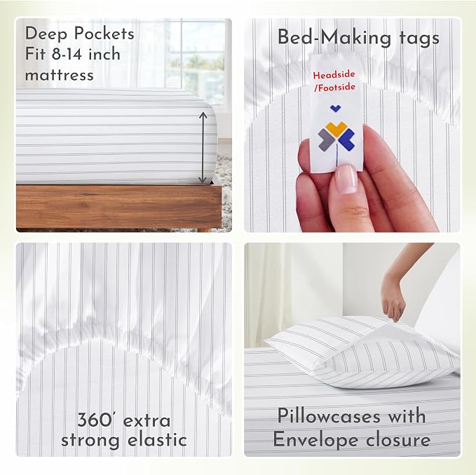 Soft Natural 100% Cotton Sateen King Size Bed Sheets, Classic Stripe Print | Backed by Good Housekeeping Seal, Light & Breathable For Hot Sleepers, 14" Deep Pocket Set, All-Around Elastic, Durable