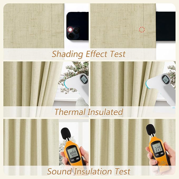 Extra Long 100% Blackout Linen Curtains for Bedroom 108 inches Long, Thermal Insulated Room Darkening Black Out Drapes for Living Room, Back Tab Rod Pocket 2 Panels Set,Cream Yellow,52x108