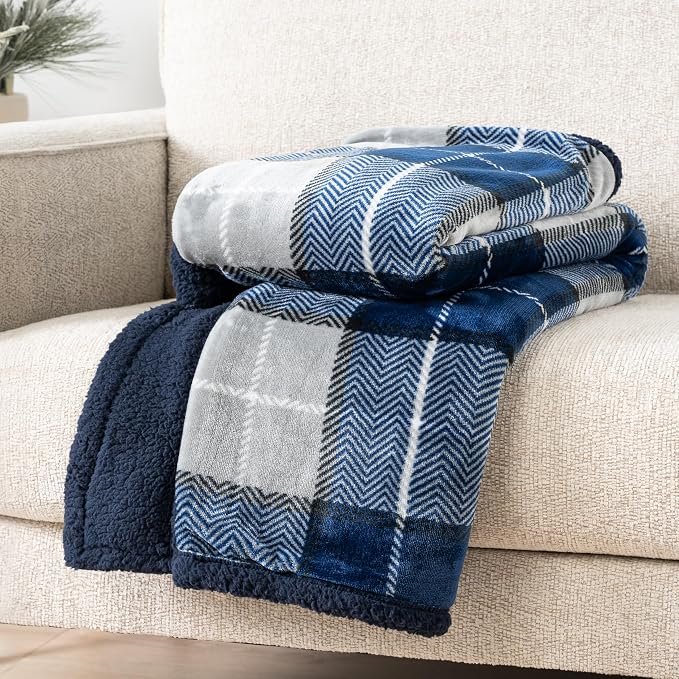 PAVILIA Twin Plaid Sherpa Throw Blanket for Couch Sofa Bed, Navy, 60x80 | GSM 460; Soft Plush Flannel Fleece; Warm&Cozy for Home; Machine Washable, Perfect Cabin Decor Winter Holiday Christmas Gift