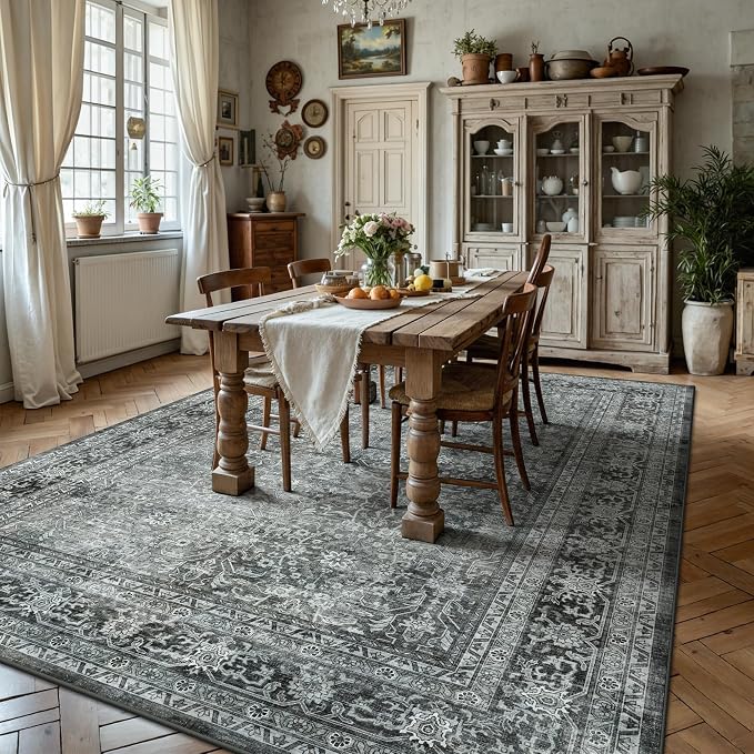 6x9 Area Rugs - Washable Vintage Retro Living Room Rug, Soft Ultra Thin Non Slip Low Pile Traditional Distressed Boho Carpet for Bedroom Dining Room Nursery Home Office, Black Grey