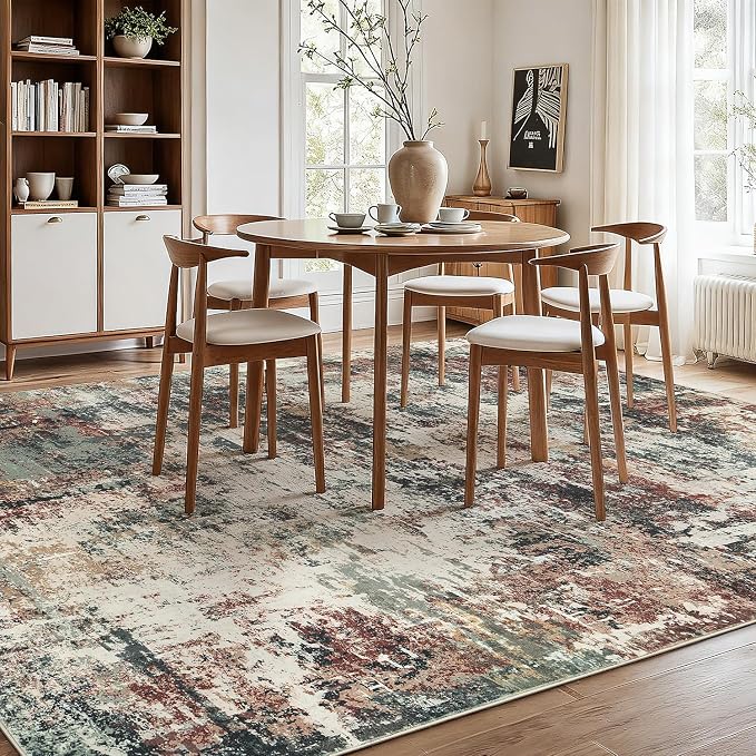 Rugflix 8x10 Area Rugs for Living Room, Washable Rust Brown Green Large Rug | Machine Washable; Stain-Resistant; Low Pile; Non-Slip; Modern Abstract; Carpet for Bedroom Dining Office Nursery Home