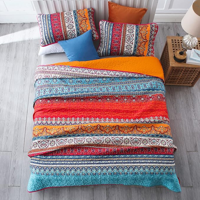 WONGS BEDDING Boho Quilt King Size,3 Pcs Bedspread Set, Orange and Blue | Colorful Bohemian Striped Printed Bedding for All Season, Lightweight Microfiber Coverlet Set with 2 Pillowcases(104"x90")