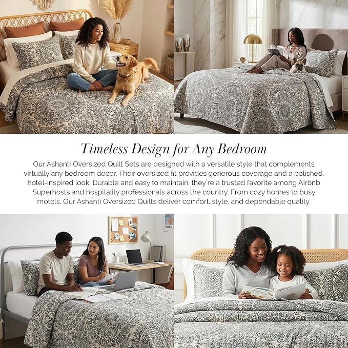 Southshore Fine Living, Inc. Ashanti Collection Oversized King Quilt Bedding Set, Soft Fabric, Lightweight Bedspread 3-Piece, Two Matching Shams (108 in Wide x 98 in Long), King/California Size, Grey