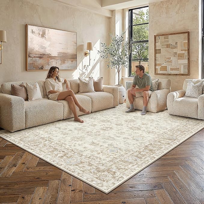 5x7 Beige Neutral Floral Living Room Area Rug | Washable, Soft, Non Slip, Low Pile, Distressed, Carpet for Bedroom Dining Room Nursery Office Indoor Home Decor