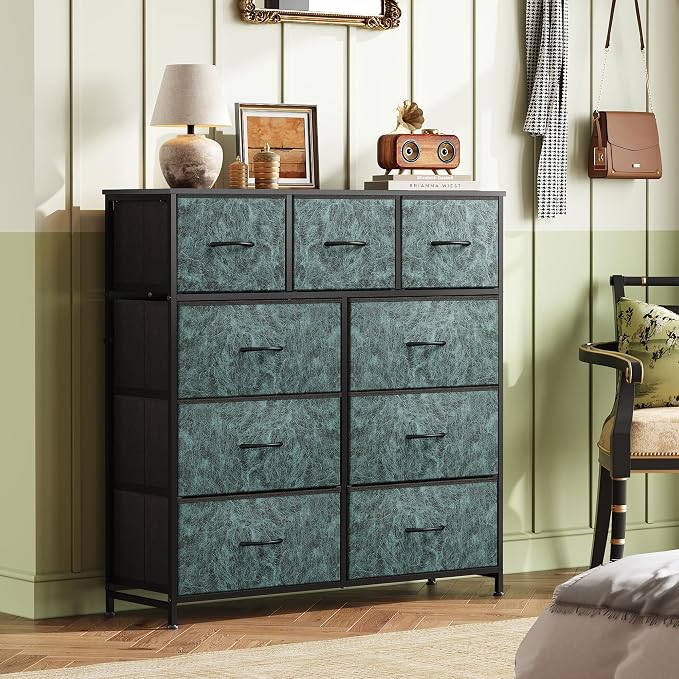 WLIVE Tall Dresser for Bedroom, 9 Drawer Chest of Drawers, Vintage Green | 9 roomy fabric drawers, Tall storage design, Bedroom or closet use, Sturdy steel frame, Smooth wood tabletop