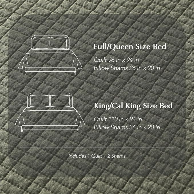 EverGrace 100% Cotton Modern Grid Stitch Quilt Set, King Size, Olive Green | Pre-Washed Cotton Coverlet Bedspread, Oversized Lightweight 3-Piece Bedding Set for All Season, with 2 Pillow Shams
