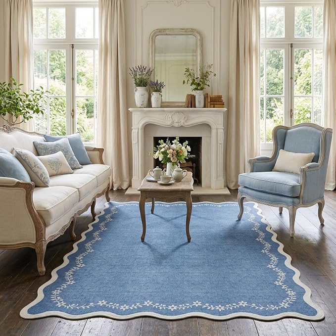GarveeHome 5x7 Scalloped Area Rug Blue Washable Bedroom Living Room Rug | Soft Floral Low Pile Non Slip Accent Floor Mat Solid Print Throw Rug Indoor Carpet for Dining Room Dorm Playroom
