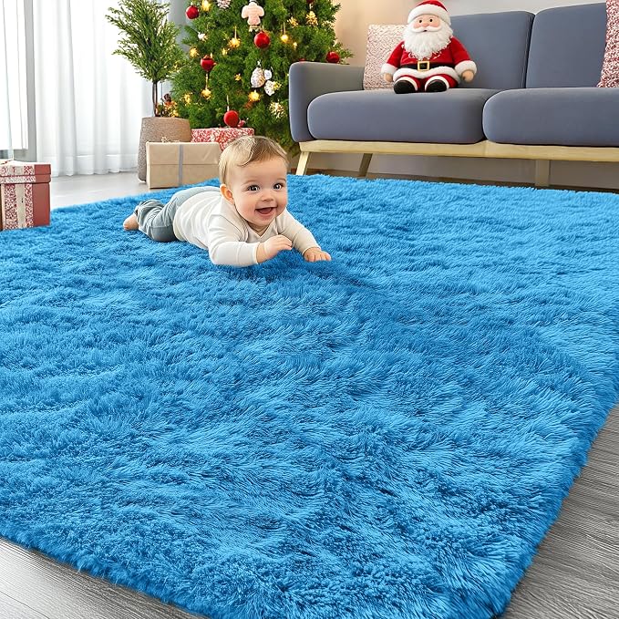 OLANLY 5x7 Machine Washable Large Area Rugs for Living Room, Bedroom, Soft Fluffy Shaggy Bedside Rug, Indoor Floor Carpet for Kids Girls and Boys, Dorms, Nursery, Home Decor Aesthetic, Bright Blue