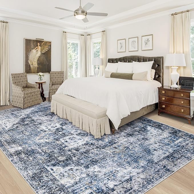 Area Rug 9x12 Washable Rug, Vintage Boho Medallion Rugs Non-Slip Soft Low Pile Large Distressed Rug Indoor Retro Carpet for Living Room Bedroom Dining Room Home Office (Blue, 9'x12')