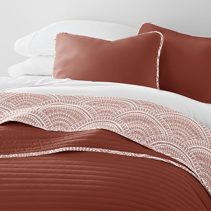 Merit Linens Soft Quilt Coverlet Bedding Set - Pattern/Solid Reversible - King/Cal-King Terracotta