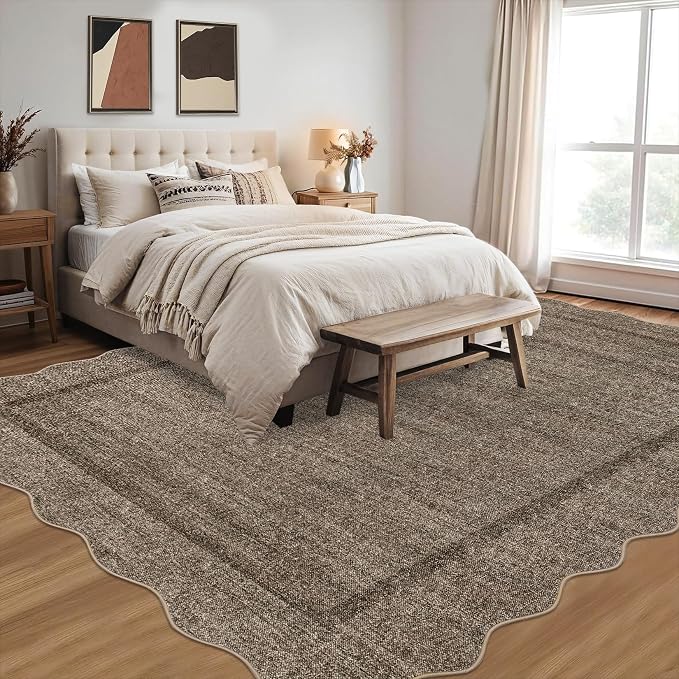 GarveeHome Scalloped Washable Rugs 10x13 Rug for Living Room Non Slip Taupe | Modern Bedroom Rug Taupe Large Area Rug Throw Rugs Soft Low Pile Stain Resistant Carpet for Dorm Dining Room 10 ft x13 ft