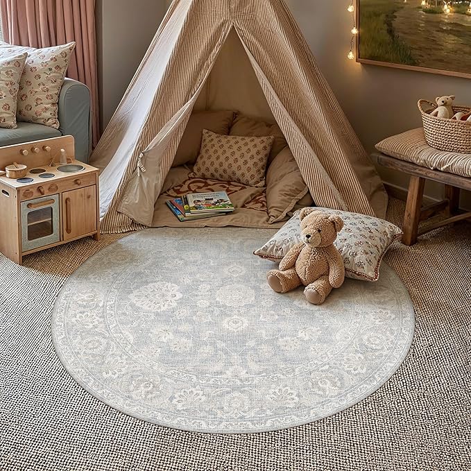 4x4 Blue Cream Neutral Round Rug | Washable, Vintage, Soft, Non Slip, Low Pile, Distressed, Circle Carpet for Entryway Entrance Bathroom Indoor Home Decor