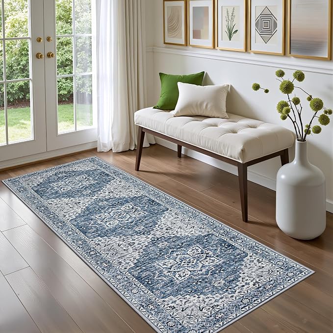 Hallway Runner Rug: 2.6x8 Kitchen Boho Rugs for Living Room Blue | Runner Rug Hallway Washable Rug No Slip Soft Bedroom Rug Indoor Floor Stain Resistant Carpets for Entryway, Laundry, Bathroom