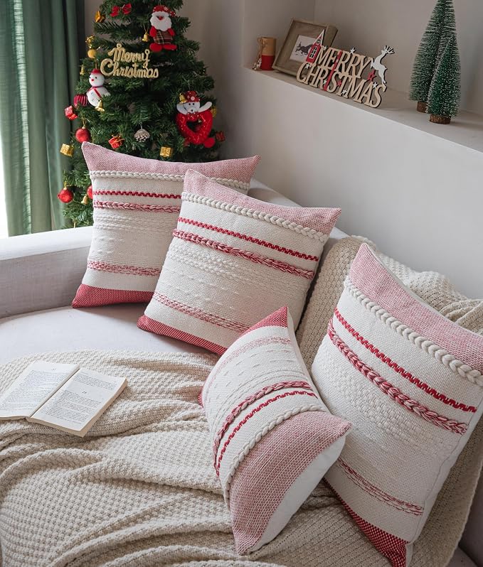 Christmas Lumbar Pillow Covers 14x36 Inch Long, Red Textured Boho Christmas Decoration Pillow Cases for Farmhouse Home Decor, Accent Cushion Cover for Sofa, Bed, Living Room, Bedroom, Pack of 1
