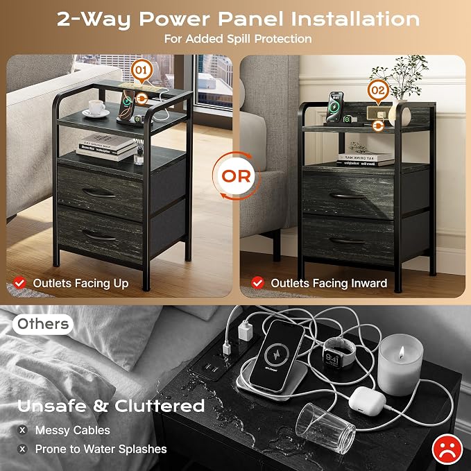 Huuger Nightstands Set of 2, Night Stand with LED Lights, Charging Station | USB-C Ports, 2 Drawers Bedside Table, Open Shelf, 2-Way Power Panel Install, End Table, Charcoal Black Wood Grain Print