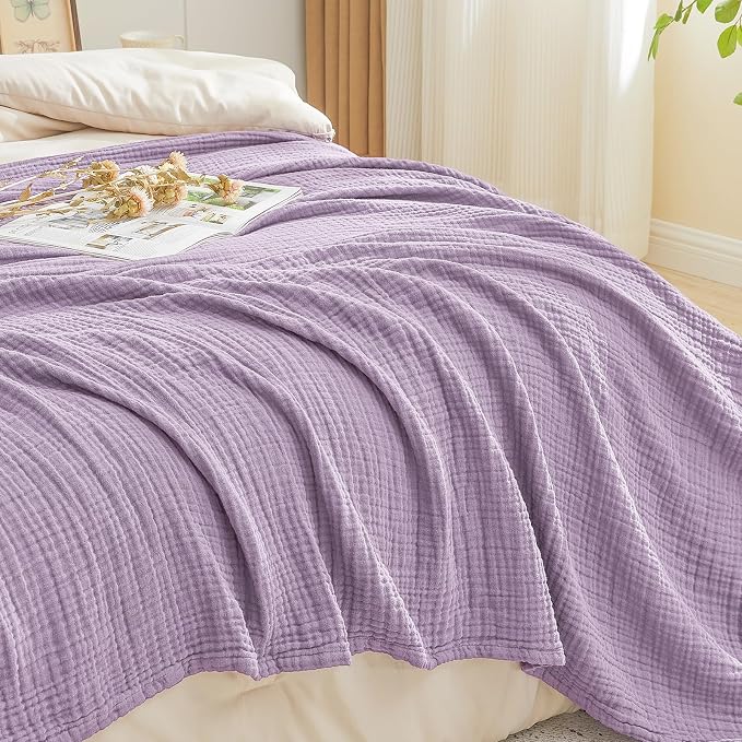 EMME Cotton Blanket Queen Size for Bed Soft Large Muslin Bed Blankets 90"x90" Lightweight Breathable All Season Gauze, Lavender