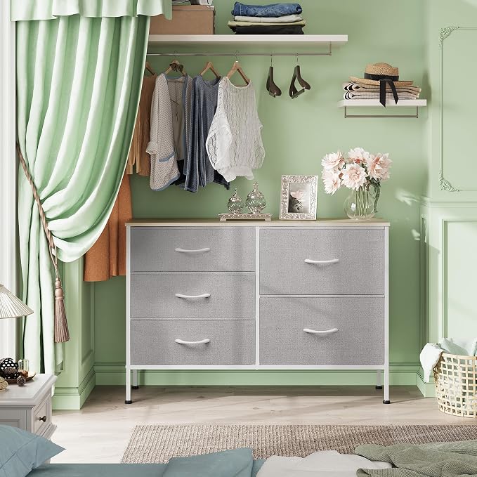WLIVE 5 Drawer Fabric Dresser for Bedroom, Wide Storage Chest, Light Grey | 5-drawer wide fabric dresser with steel frame, multipurpose bedroom living room hallway dorm closet storage organizer