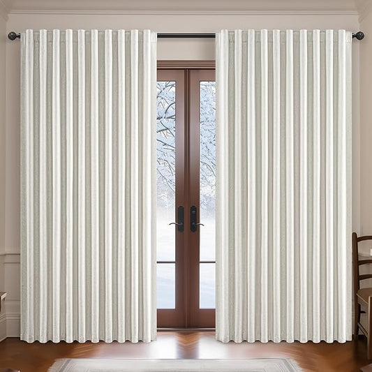 Blackout Curtains 100 Inches Extra Wide Birch Linen Curtains 84 Inch Length for Living Room,Pleated Farmhouse Bedroom Thermal Drapes for Winter Thick Large Window Energy Efficient 100"W x 84"L 2Panels