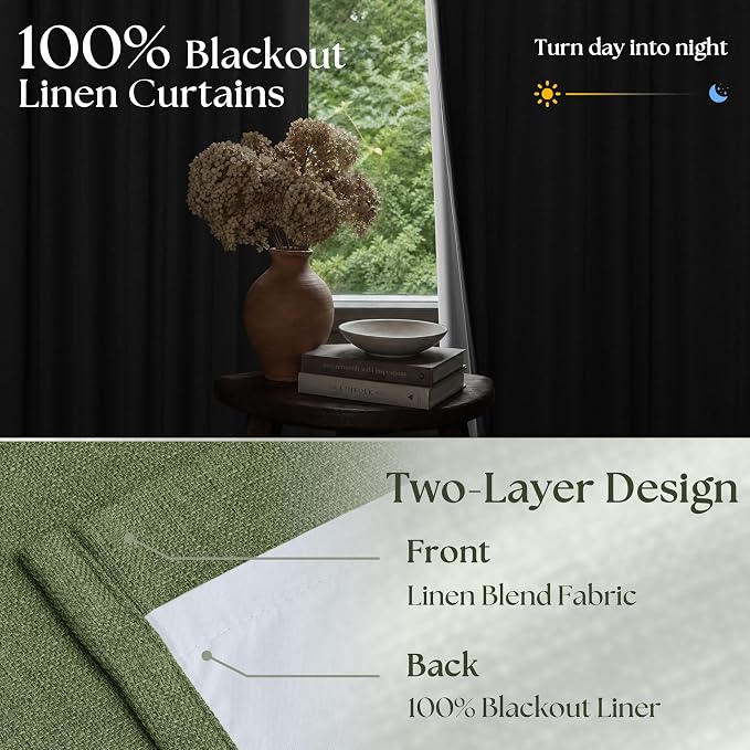 86 Inch Olive Green Linen Pinch Pleated Blackout Curtains with Liner | 100% Black Out, Pinch Pleat with Hooks Rings, Thick Linen Textured, Soundproof, Bedroom Living Room Window Curtains, Loden
