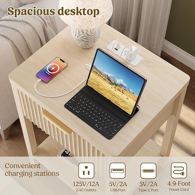 Night Stand Set 1, Fluted Wood Bedside Table w/Socket Station for Bedroom | Natural, Storage Drawer, Open Shelf, Metal Silent Rails, Round Corners, Modern Fluted Panel, Living Room, Bedside Table