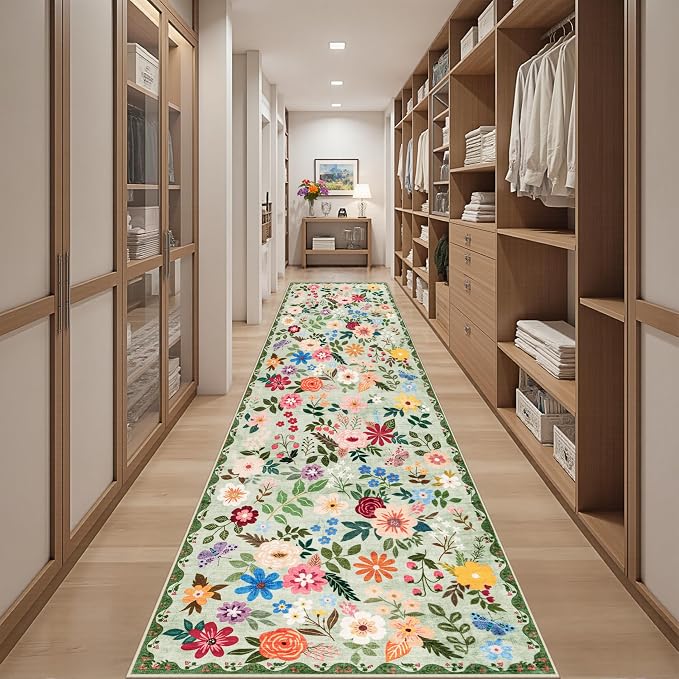PLHXFR 2.6x14 Washable Runner Rug：Floral Indoor Kitchen Soft Carpet Green | For Hallway Bedroom Kitchen Laundry Bathroom Dorm,Vintage Floral,Machine washable,Non Slip,Stain Resistant,Indoor Floor
