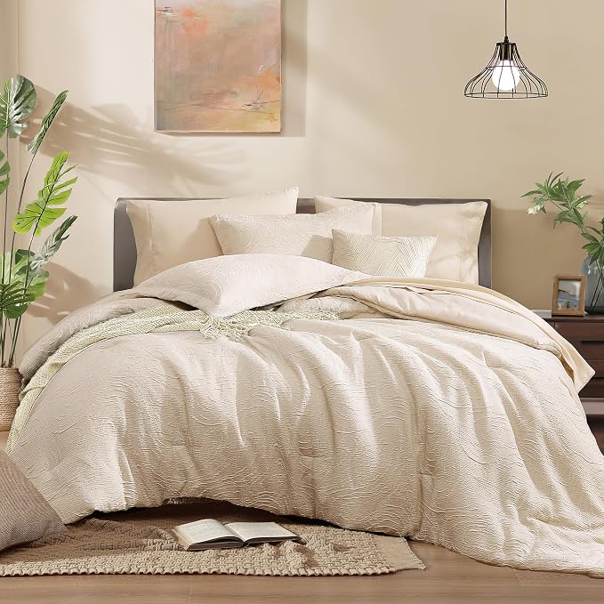 Monbix Full Size Comforter Set 7 Pieces Birch Marble Bed in a Bag | Lightweight All Season Bedding Sets with Comforter, Sheets, Pillowcases & Shams