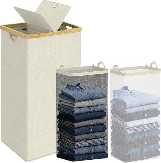 efluky Laundry Hamper with Lid, Double Laundry Basket with 2 Removable Bags, 2 Section Laundry Bin with Bamboo Handles for Bathroom, Bedroom & Laundry Room, 115L (30.4 Gallon) Beige