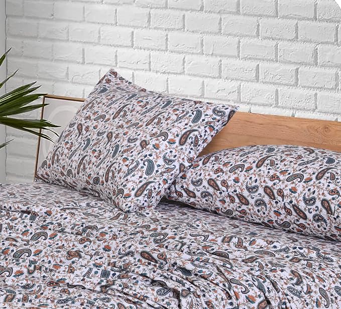 RUVANTI 100% Cotton Percale Sheets, Queen Size, Teal Paisley | Crisp Cooling, Deep Pocket 16", Soft Breathable & Durable, Hotel-Style, 4 Piece Set