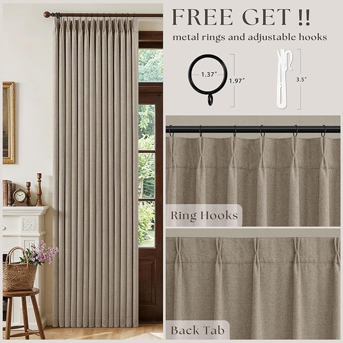 Deep Flax Greige Pleated Blackout Curtains 96 Inches Long 2 Panels | Room Darkening, Neutral, Memory Shape, Pinch Pleat, 100% Black Out, Heavy Duty, Thermal Insulated Curtains with Liner