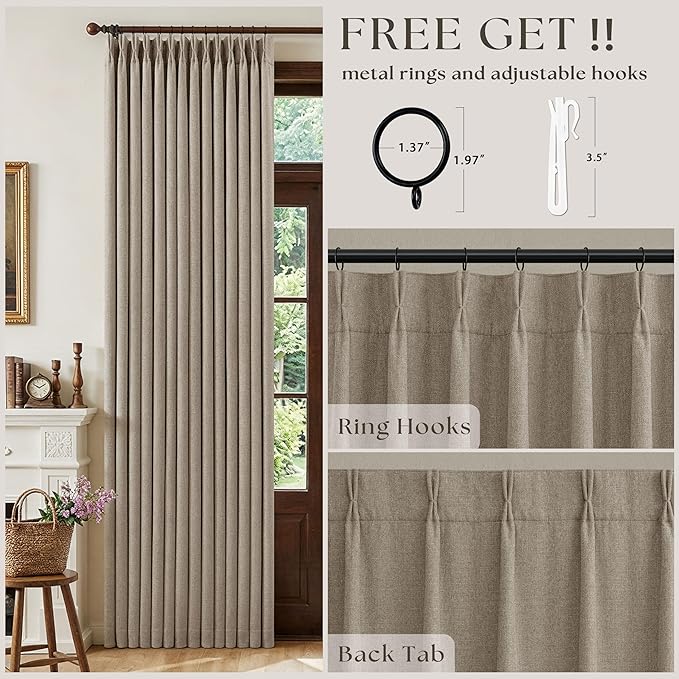 TWODRAPES Dark Flax Pleated Blackout Burlap 126 Inch Long Linen Curtains | Pinch Pleat, Neutral Light Taupe, Double Layer 100% Black Out Curtains, Soundproof, Cottagecore Window Drapes 2 Panels